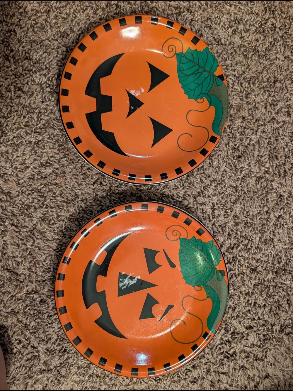 Set of 2 Halloween Jack-o'-lantern Ceramic Dessert Plates Orange 8 in Round
